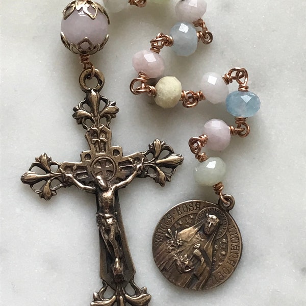 Tiny Tenner - Saint Rose of Lima Pocket Rosary - Bronze and Morganite CeCeAgnes