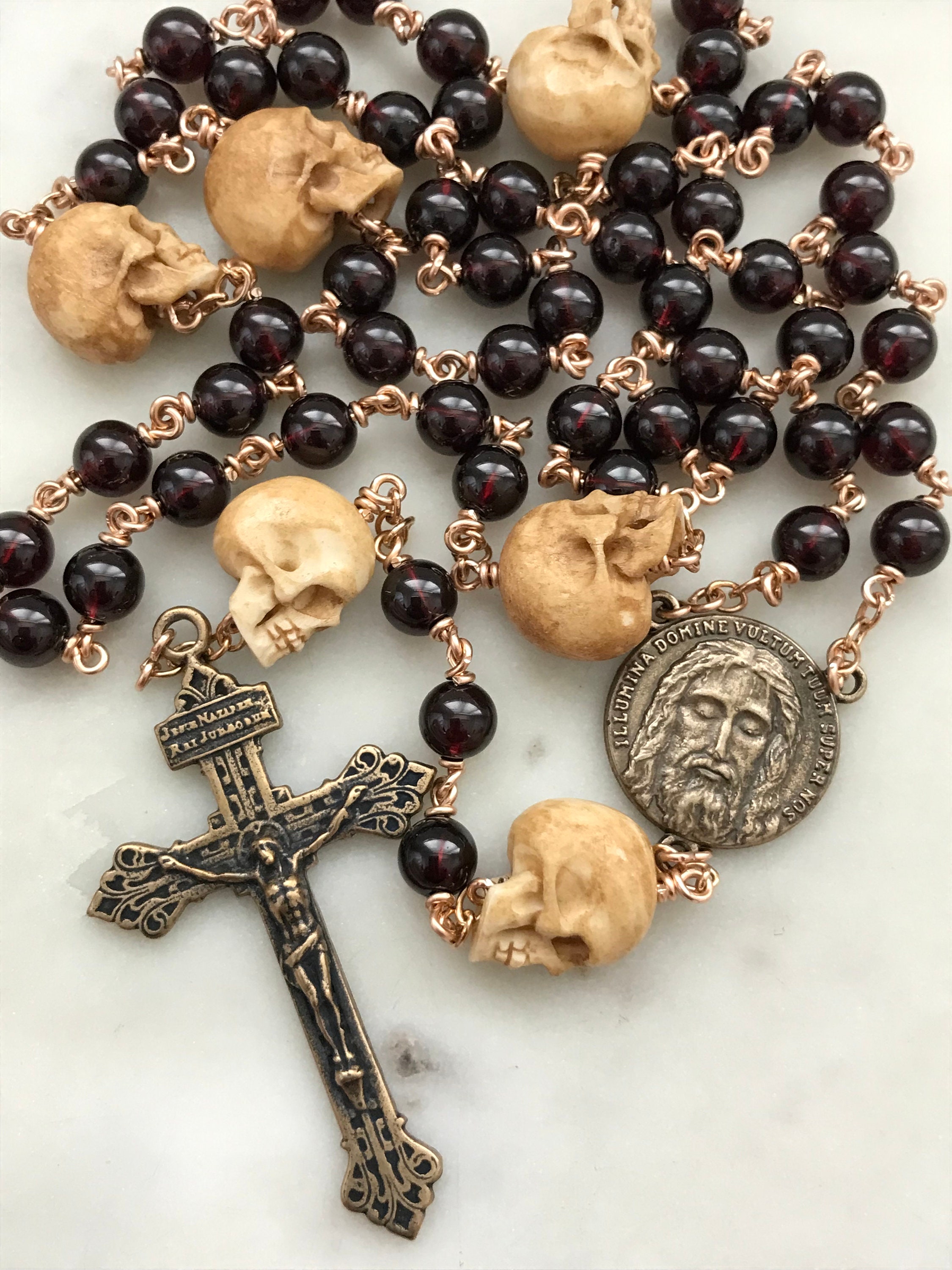 High Quality Garnet Rosary With Pardon Crucifix Wire-Wrapped in Bronze