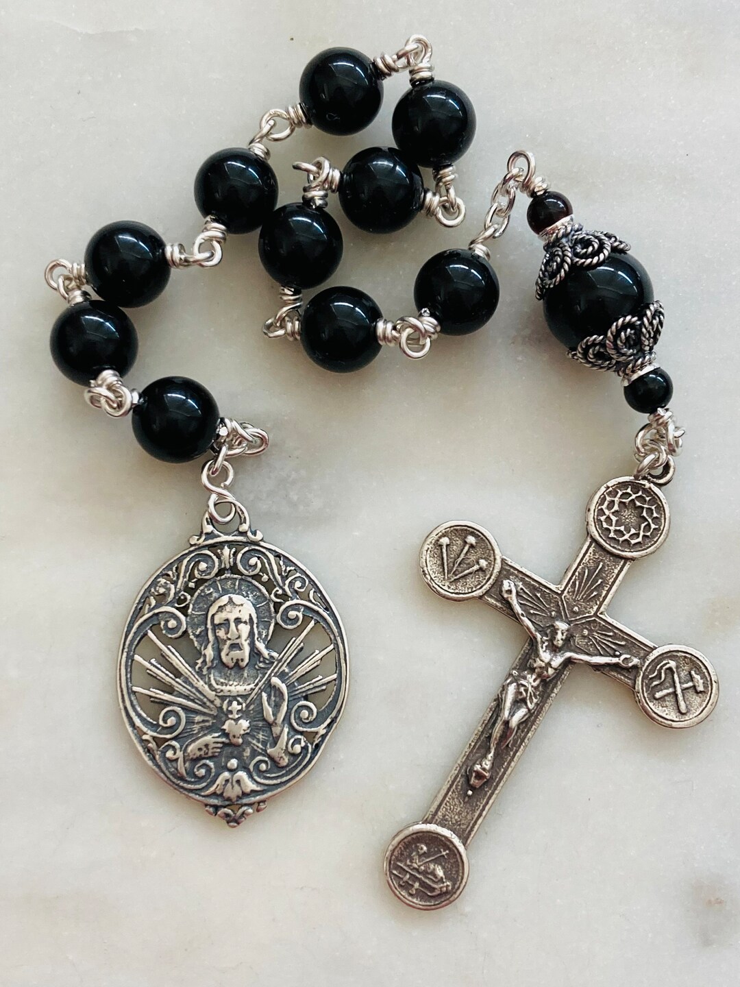 Sacred Heart Pocket Rosary - Black Onyx - Sterling Silver - Tenner ...
