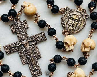 Memento Mori Rosary - Lava Beads, Ox Bone Skulls & Bronze San Damiano Crucifix