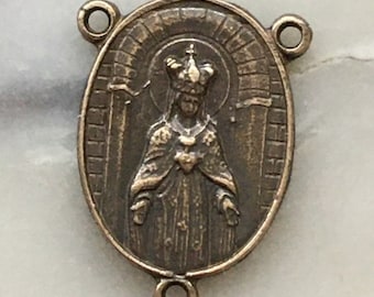 Rosary Center - Sacred Heart/Crowned Mary - Bronze or Sterling Silver - Antique Reproduction 692 CeCeAgnes