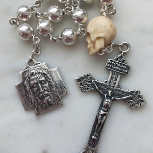 Memento Mori Rosary - Holy Face of Jesus - Ox Bone Skull - Sterling Silver - Wire-wrapped Tenner - Pardon Crucifix