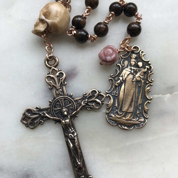 Memento Mori Rosary - Bronzite and Ox Bone - Bronze or Sterling Silver  - Wire-wrapped Tenner - Carmelite Pocket rosary - Scapular CeCeAgnes