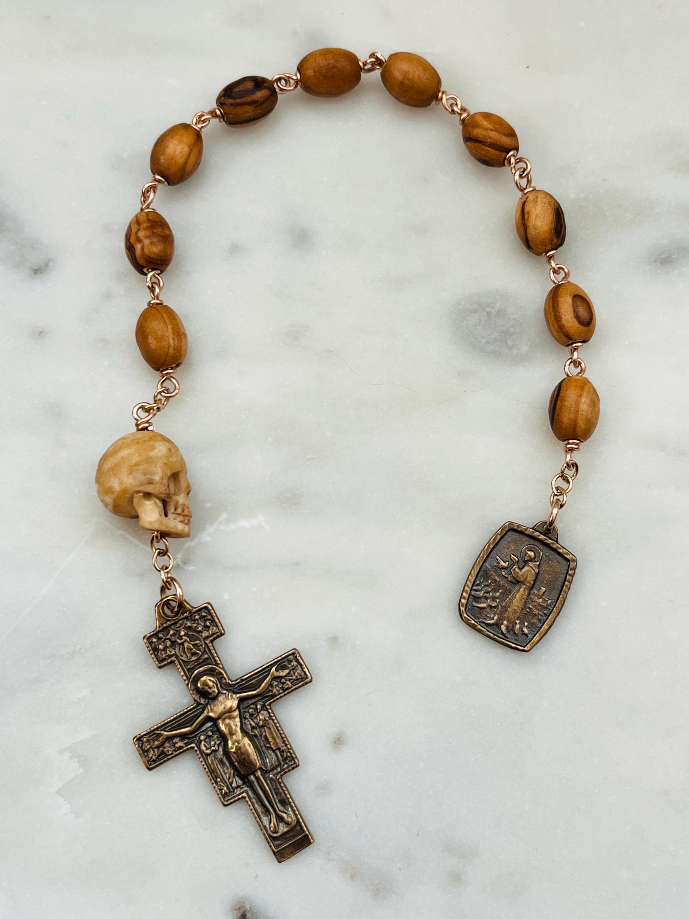 St. Francis Pocket Rosary: Olive Wood, Ox Bone Skull, Bronze