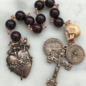 Memento Mori Pocket Rosary - Garnet and Ox Bone Skull - Bronze - Tenner - Immaculate Heart - Single Decade Rosary CeCeAgnes