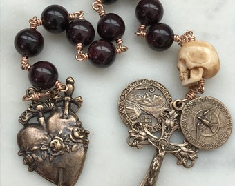 Memento Mori Pocket Rosary - Garnet and Ox Bone Skull - Bronze - Tenner - Immaculate Heart - Single Decade Rosary CeCeAgnes