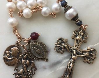 Beautiful Single Decade Rosary! - Freshwater Pearls - Bronze - St. Michael - Mary and Baby - Sacred Heart CeCeAgnes