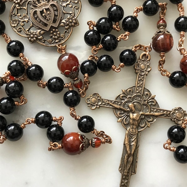 Large Black Onyx Seven Sorrows Chaplet - Bronze Medals