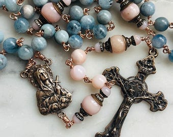 Immaculate Heart Rosary - Bronze, Aquamarine and Opal Rosary - CeCeAgnes