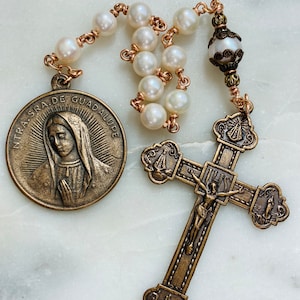 Pocket Rosary - Our Lady of Guadalupe - Pearl Tenner - Bronze Single Decade Rosary CeCeAgnes