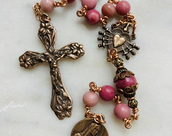 Pocket Servite Rosary - Rhodonite and Bronze