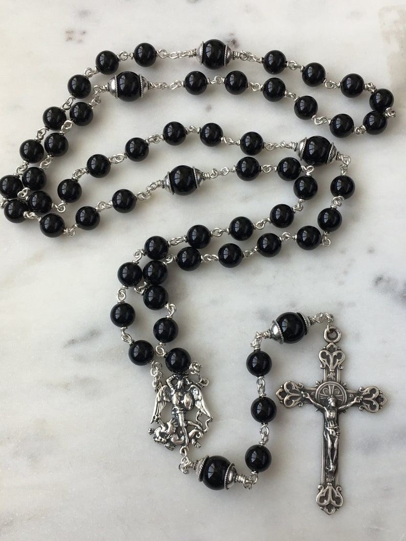 Saint Michael Men's Rosary 8mm Onyx Gemstones All Sterling Silver Replicas of Antique French Medals Sterling Silver Wire CeCeAgnes image 7
