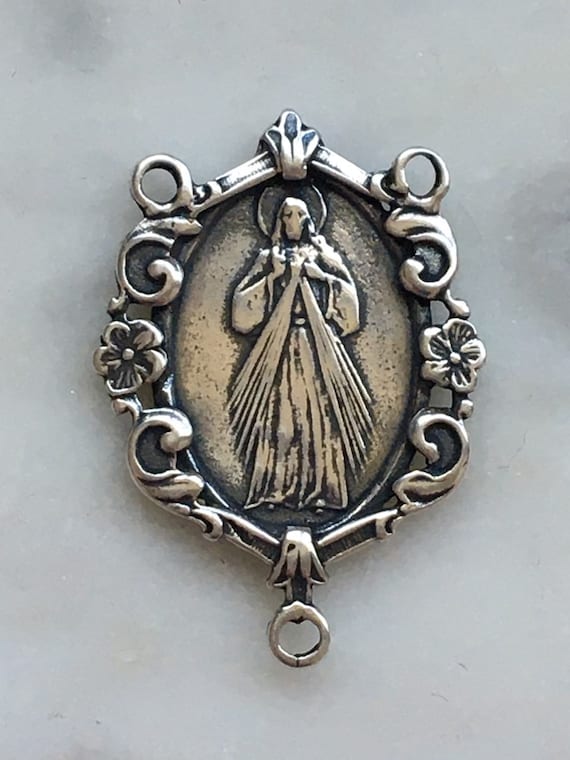 Rosary Center Divine Mercy Bronze or Sterling Silver Antique
