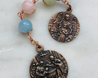 Three Hail Mary Chaplet - Baptism and Guardian Angel - Morganite and Bronze