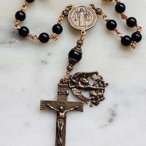 Saint Benedict and Michael Auto Rosary - Onyx and Bronze - One Decade Rosary - Car Rosary CeCeAgnes