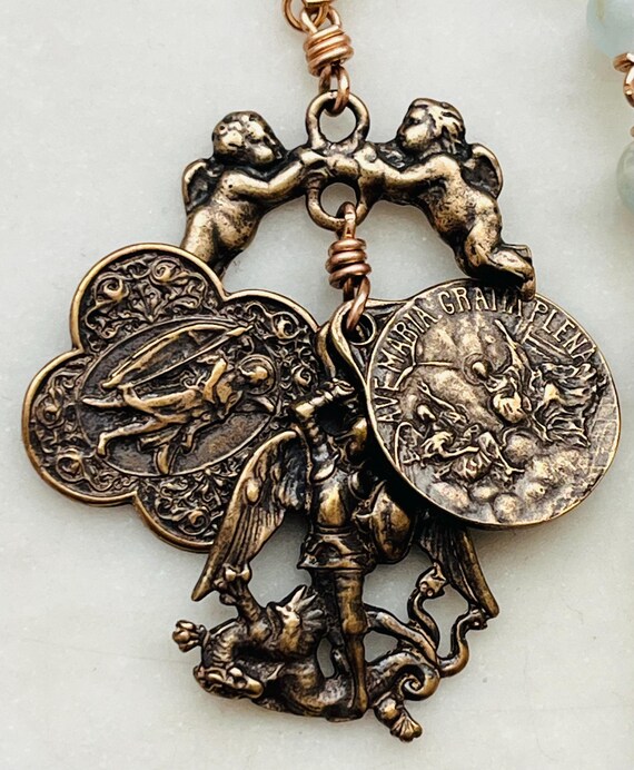 Blue Calcite Bronze Guardian Angel Rosary: Michael, Gabriel
