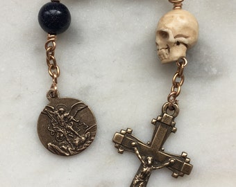 Three Hail Mary Chaplet - Blue Sandstone Gemstones and Bronze Medals - Saint Michael -Memento Mori CeCeAgnes