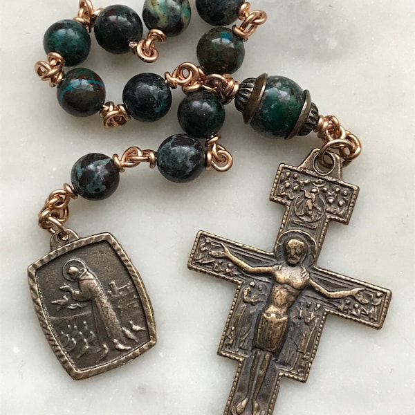 Rosario de bolsillo de San Francisco - Crisocola - Franciscano - Bronce - Confirmación - Rosario de una década