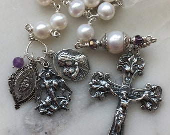 Beautiful Single Decade Rosary! - Freshwater Pearls - Sterling Silver - St. Michael - Mary and Baby - Sacred Heart CeCeAgnes