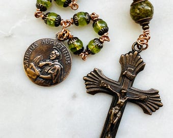 Saint Augustine Pocket Rosary - Peridot and Bronze - Single Decade Tenner -August - CeCeAgnes