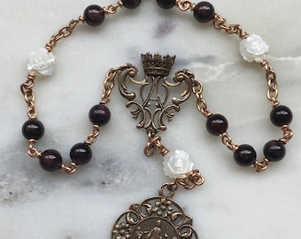Little Crown of Mary Chaplet - Bronze - Garnet Gemstones - Chaplet of the Immaculate Conception CeCeAgnes
