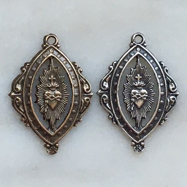 Medal - Sacred Heart - Bronze  - Antique Reproduction 1337 CeCeAgnes Rosary Parts