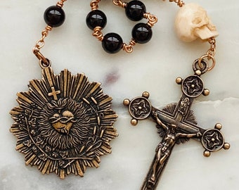 Memento Mori Rosary - Sacred Heart of Jesus - Garnet and Ox Bone Skull - Bronze - Wire-wrapped Tenner - CeCeAgnes