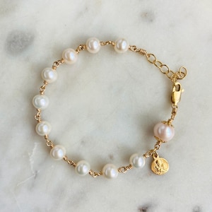 Gold & Freshwater Pearl Rosary Bracelet - 18k Gold Vermeil OR 14k Solid Gold Saint Joseph Charm - June Birthstone - Wire-wrapped CeCeAgnes