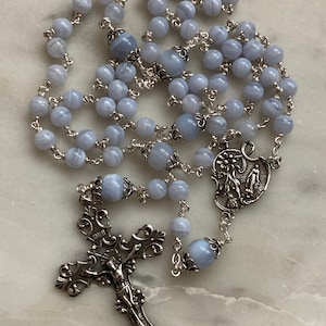 Blue Lace Agate Rosary - All Sterling Silver - Gemstones - Reproductions of Antique Medals CeCeAgnes