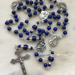 Sterling Silver Lapis Lazuli Gemstone Rosary - Pardon Crucifix - Antique French Reproduction Medals