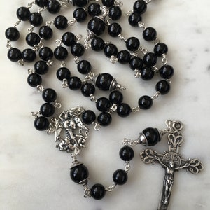 Saint Michael Men's Rosary 8mm Onyx Gemstones All Sterling Silver Replicas of Antique French Medals Sterling Silver Wire CeCeAgnes image 1