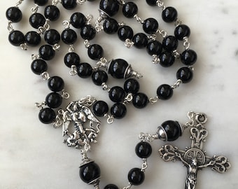 Saint Michael Men's Rosary - 8mm Onyx Gemstones - All Sterling Silver - Replicas of Antique French Medals - Sterling Silver Wire CeCeAgnes