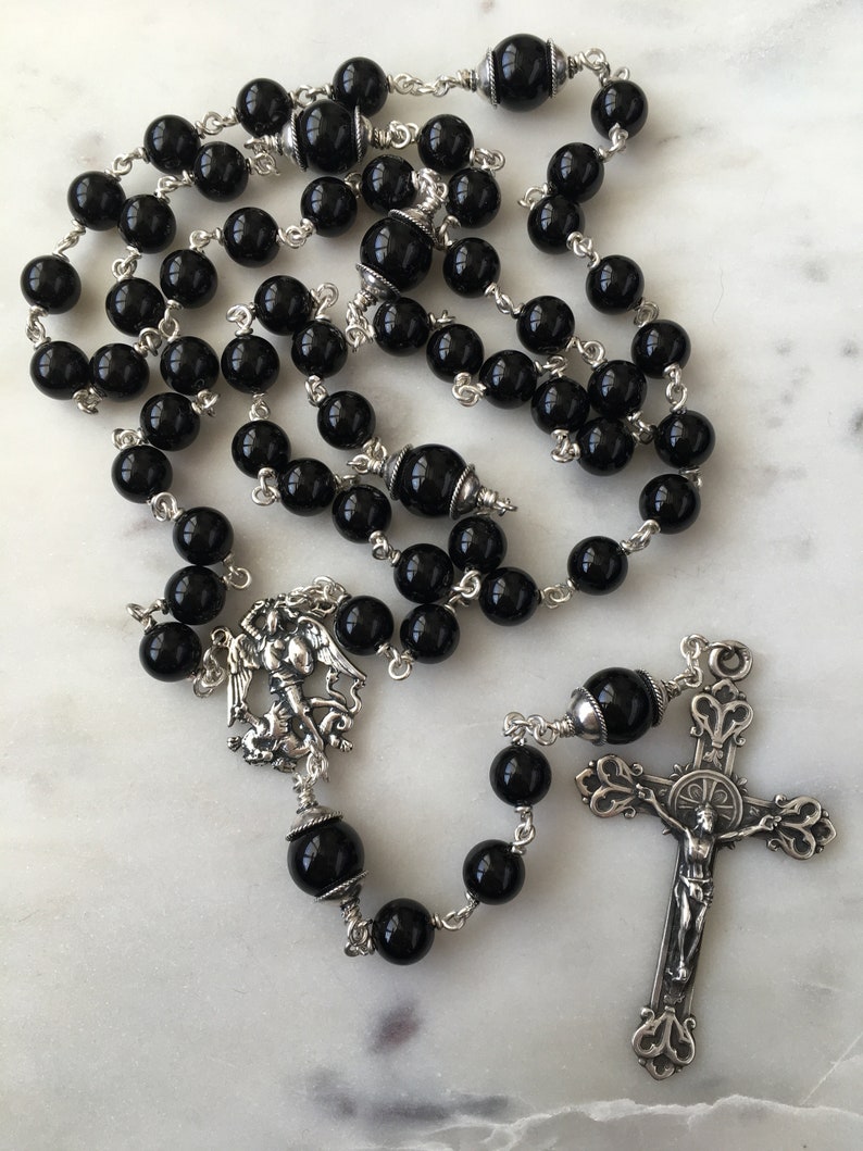 Saint Michael Men's Rosary 8mm Onyx Gemstones All Sterling Silver Replicas of Antique French Medals Sterling Silver Wire CeCeAgnes image 1