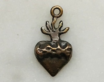 Medal - Tiny Sacred Heart - Bronze  - Antique Reproduction 267 CeCeAgnes Rosary Parts