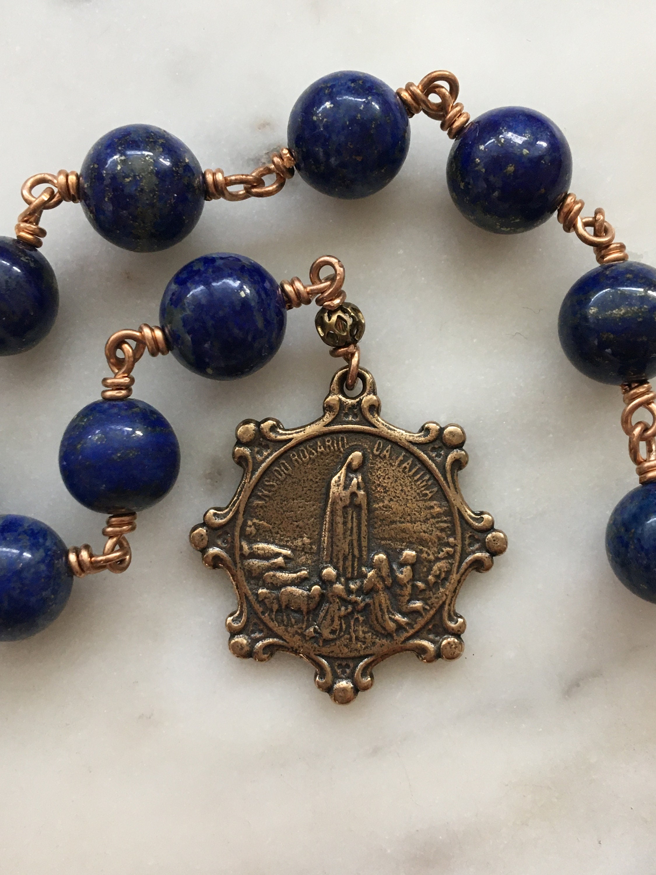 Our Lady of Fatima Pocket Rosary - Lapis and Bronze - Single Decade ...