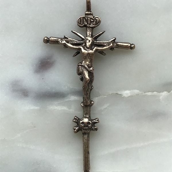 Memento Mori Crucifix Pendant - Bronze or Sterling Silver - Antique Reproduction 851 CeCeAgnes