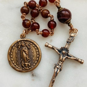 Our Lady of Guadalupe Pocket Rosary - Garnet and Bronze - One Decade Tenner CeCeAgnes
