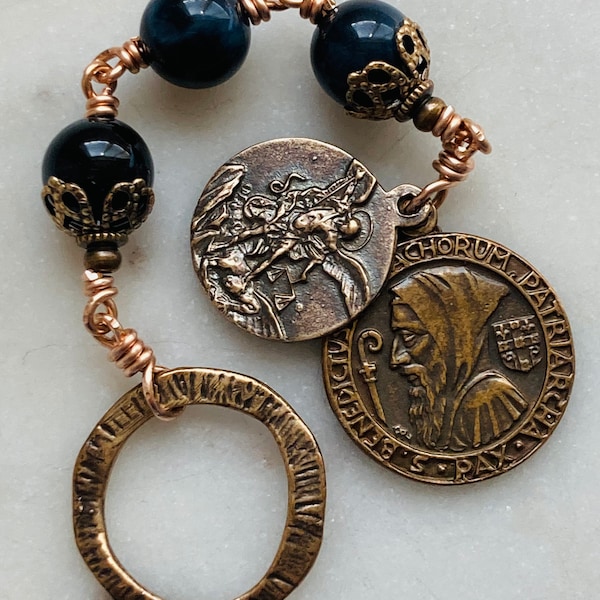 Three Hail Mary Chaplet - Tiger Eye and Bronze Saint Benedict and Saint Michael Chaplet CeCeAgnes