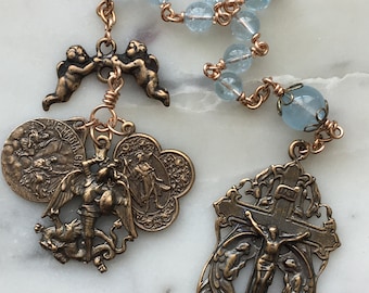 Angels Pocket Rosary - Blue Topaz and Bronze - Archangels Rosary - Michael, Gabriel, Raphael CeCeAgnes