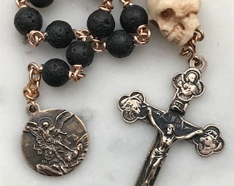Memento Mori Pocket Rosary - Lava Bead, Ox Bone Skull, Bronze