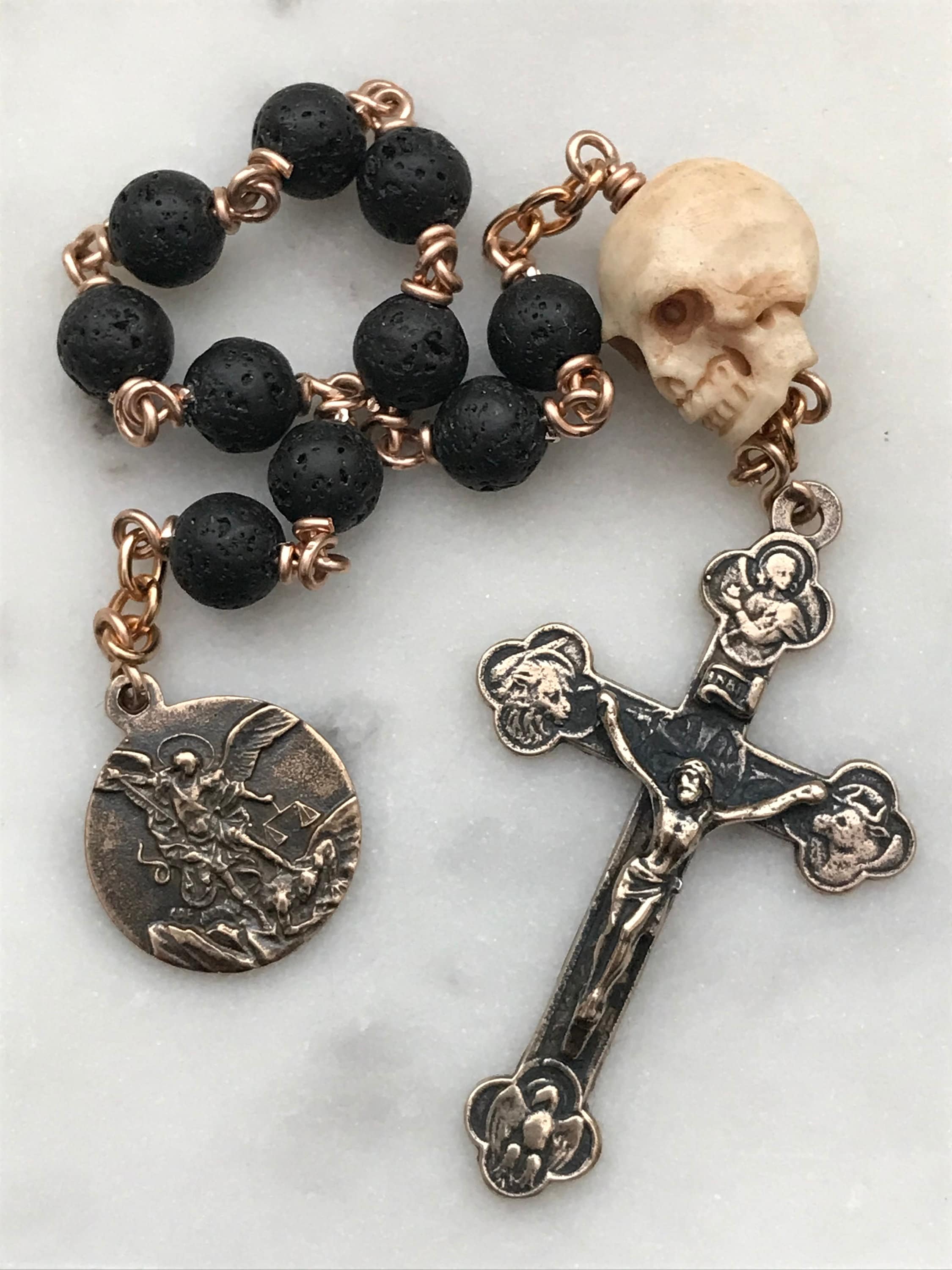 Memento Mori Pocket Rosary - Lava Bead, Ox Bone Skull, Bronze - Etsy