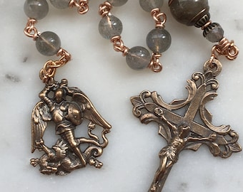 Saint Michael Pocket Rosary - Labradorite and Bronze - Single Decade Rosary CeCeAgnes