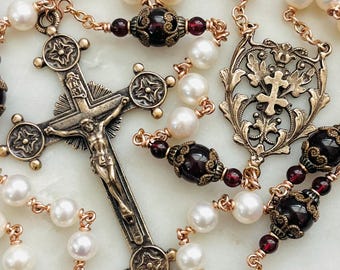 Freshwater Pearl and Garnet Rosary - Bronze - Wire-wrapped Rosary