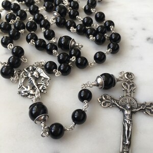 Saint Michael Men's Rosary 8mm Onyx Gemstones All Sterling Silver Replicas of Antique French Medals Sterling Silver Wire CeCeAgnes image 2