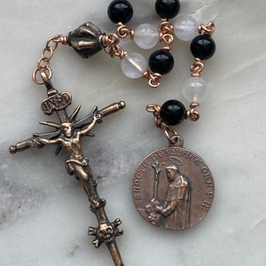 Saint Dominic Memento Mori Pocket Rosary - Onyx and Moonstone - Dominican Tenner - Bronze - Single Decade