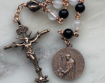 Saint Dominic Memento Mori Pocket Rosary - Onyx and Moonstone - Dominican Tenner - Bronze - Single Decade