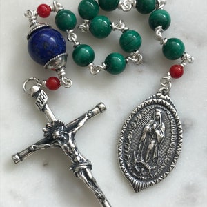 Our Lady of Guadalupe Rosary: Sterling Silver, Malachite, Lapis & Coral