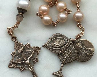 Beautiful Single Decade Rosary! - Freshwater Pearls - Bronze - Monstrance - OL of Sorrows - Sacred Heart