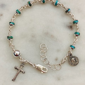 Handmade Turquoise Rosary Bracelet: Sterling Silver Wire-Wrapped Medals
