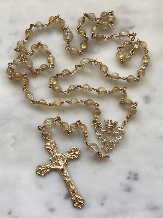 14K Gold Rosary Medals Gold Rutilated Titanium Quartz Ceceagnes Etsy